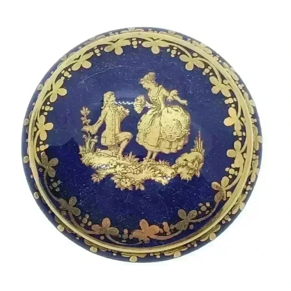 Vintage Limoges France Blue Courting Couple Trinket Pill Box Gold Trim Signed